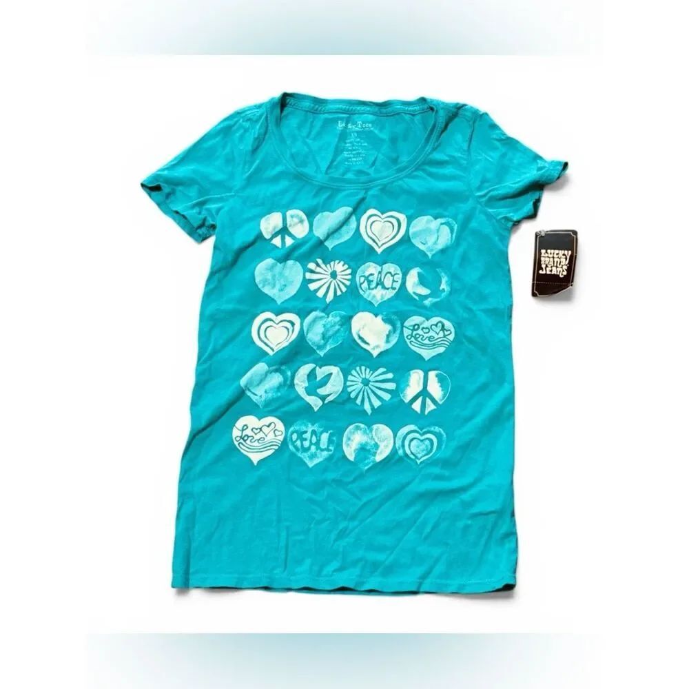 NWT Vintage Y2K Lucky Brand Lucky Tee Turquoise Short Sleeve Tshirt Hearts XS